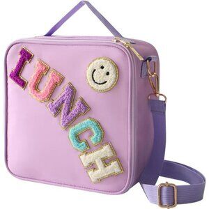 Insulated Lunch Bag Purple Nylon Tote Shoulder Strap Reusable for School Work